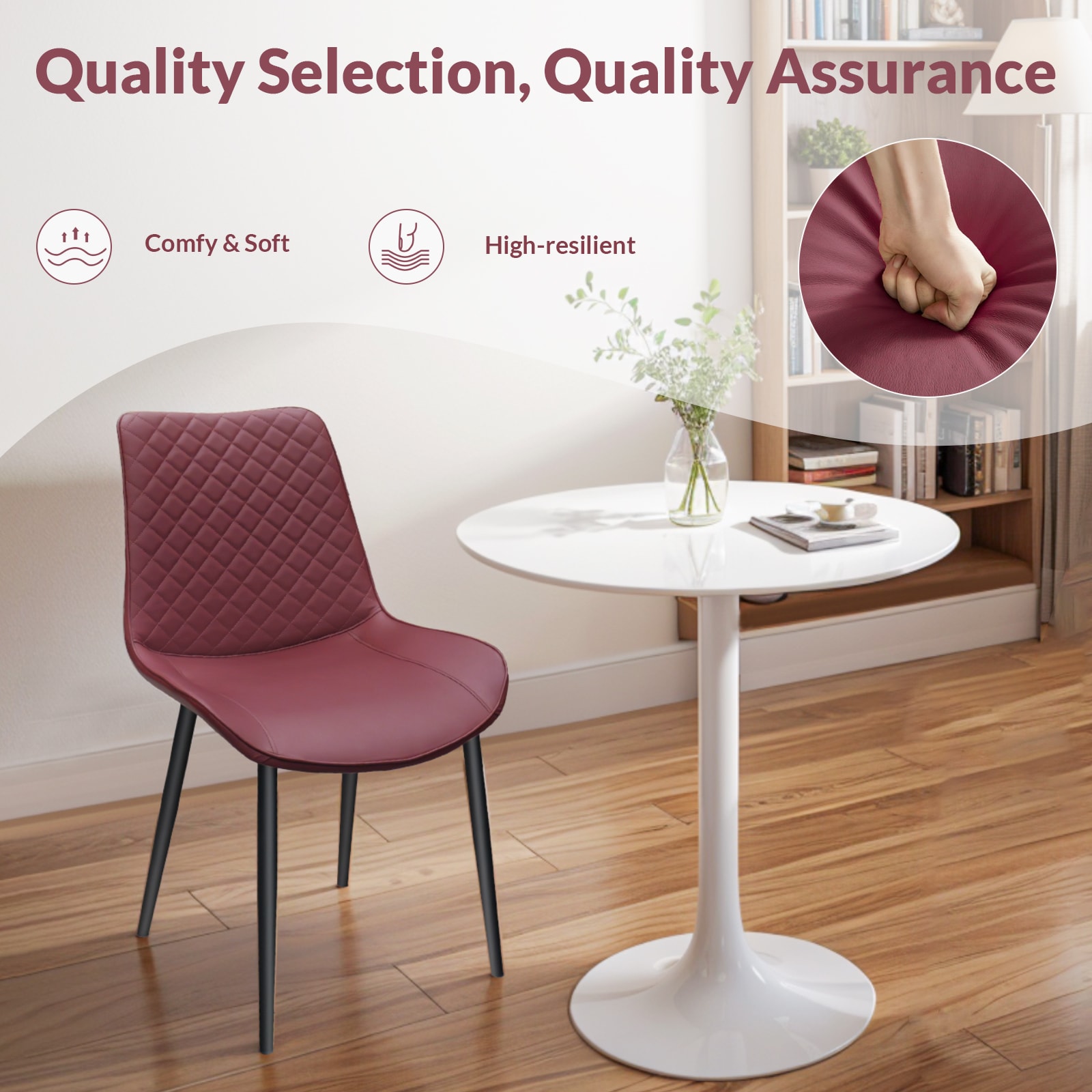 Wine Red PU Leather Dining Chair with Metal Legs, Chequer Upholstered Armless Chair Set of 2 for Kitchen, Restaurant, Living, Meeting Room Wine Red PU Leather Dining Chair with Metal Legs, Chequer Upholstered Armless Chair Set of 2 for Kitchen, Restaurant, Living, Meeting Room